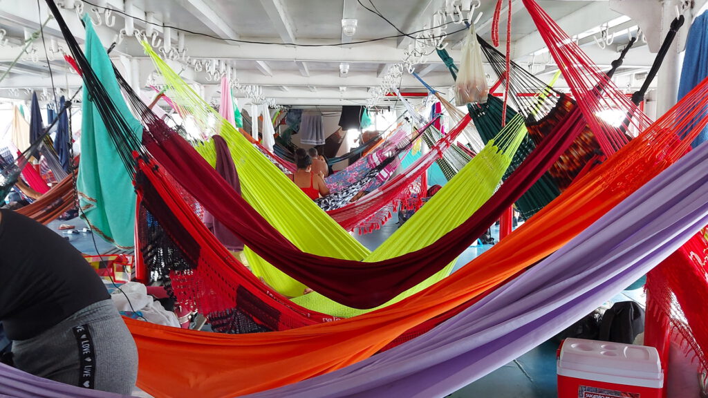 Colorful hammocks on the Amazon slow boat.