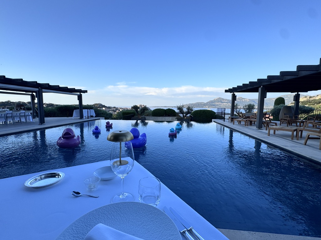 A luxurious outdoor dining setup overlooking a pool, featuring colorful floating pool toys and a scenic view of hills and sky.