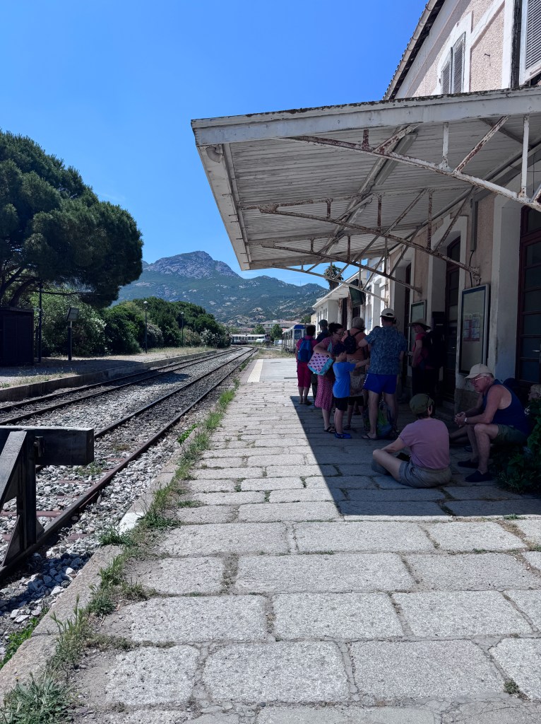A busy train station platform on a sunny day with several people waiting, a mountain visible in the background, and railway tracks leading off into the distance.