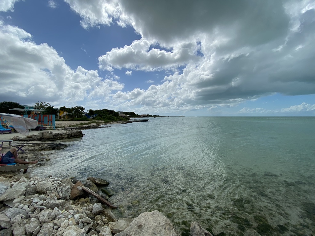 A serene coastal view featuring calm water, rocky shoreline, and a cloudy sky. In the distance, small boats can be seen along the horizon, with tropical vegetation lining the shore.